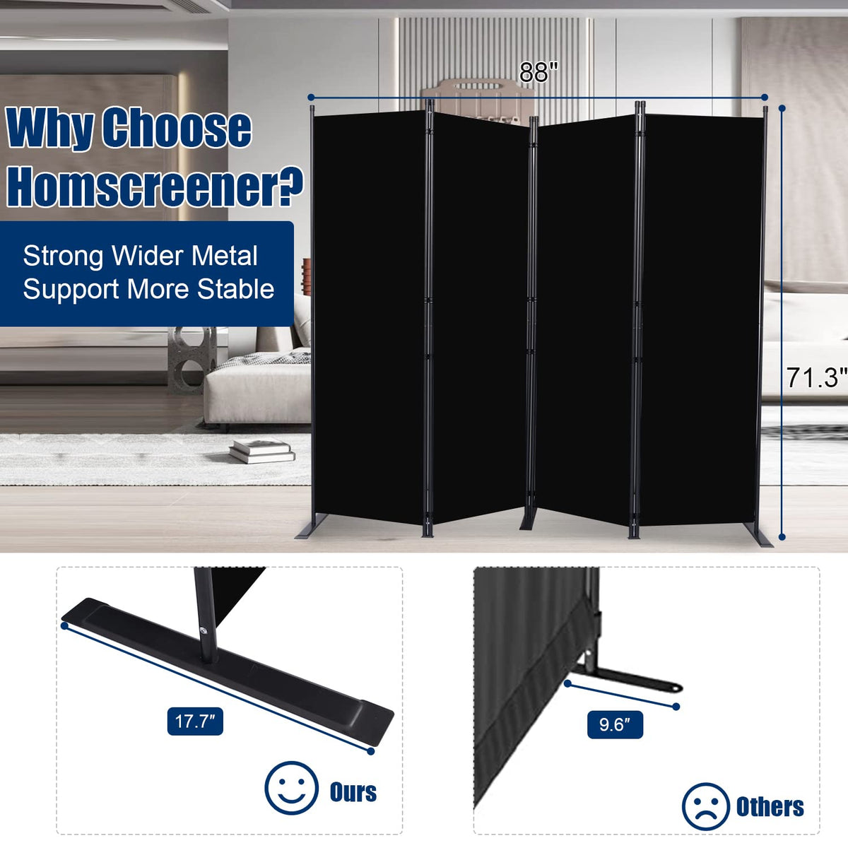 HOMSCREENER triple-buckle hinges allow flexible panel arrangement.