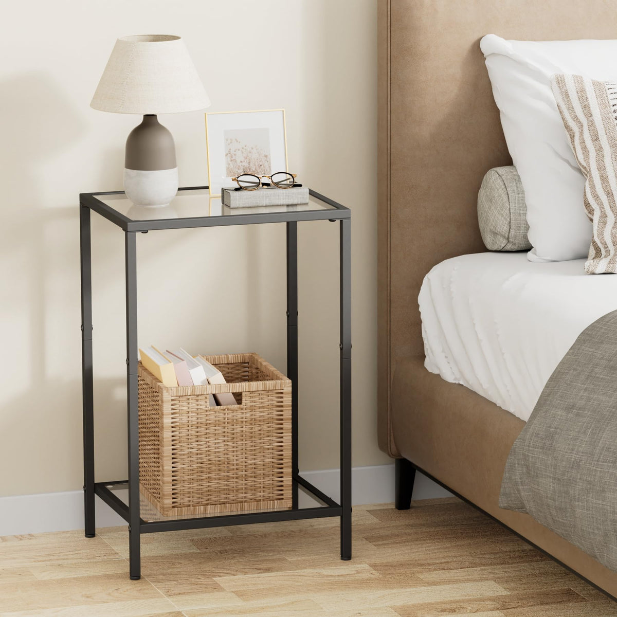 HOMSHO nightstand pair styled for bedroom use with lamps and books