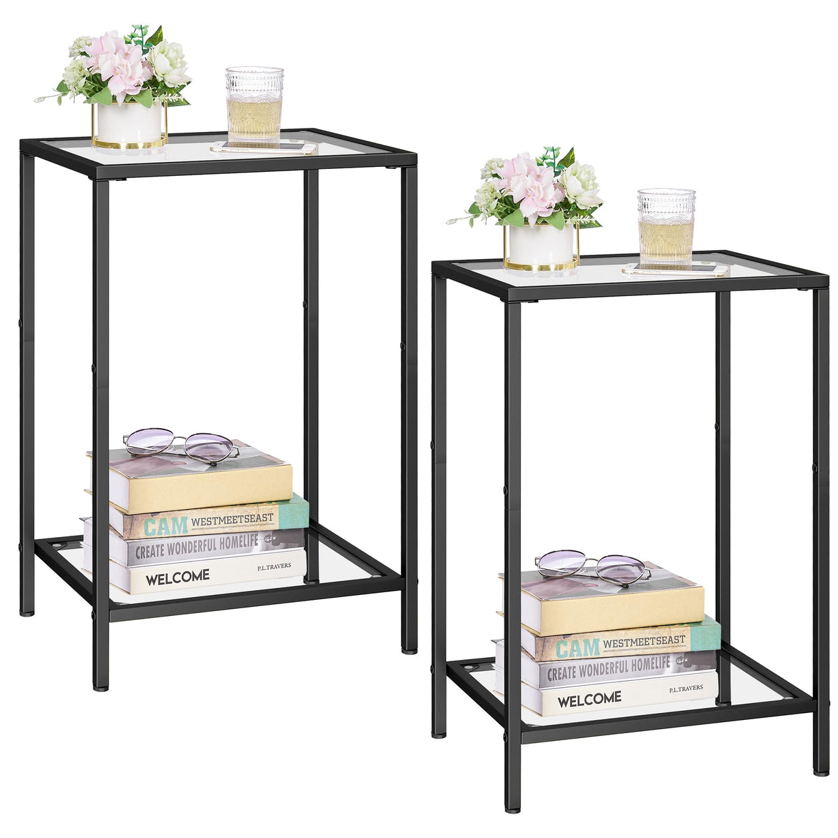 HOMSHO side table set2 with black glass top for modern living room styling