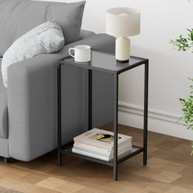 HOMSHO two-tier storage on glass shelves helps keep magazines and remotes organized