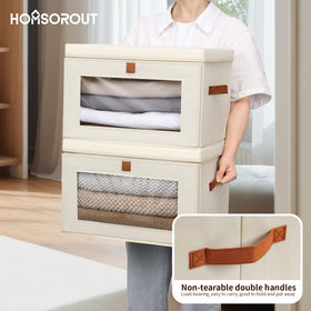 Homsorout beige two-pack with lids collapsible for flexible storage.