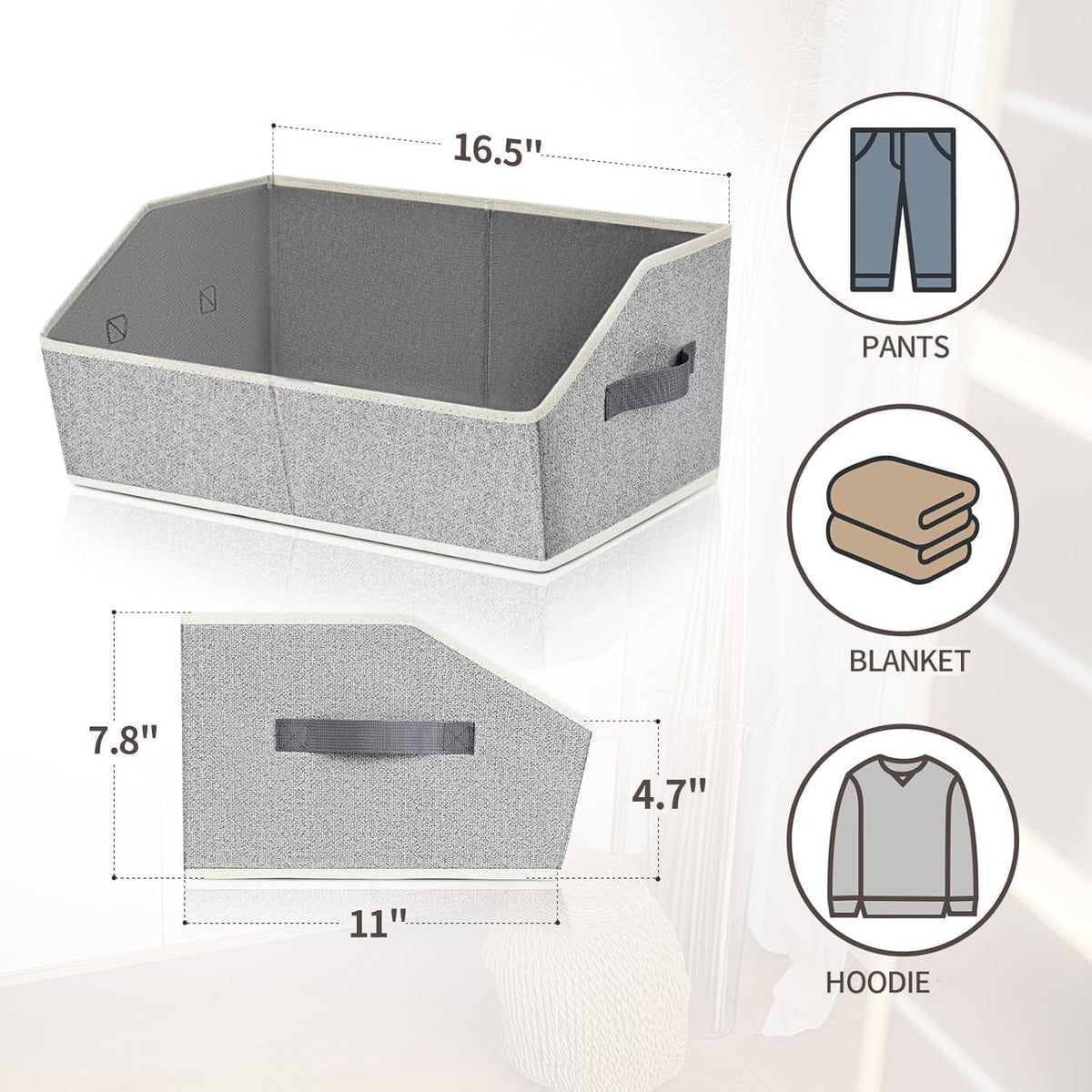 Homsorout bin placed in living room demonstrating versatile storage.