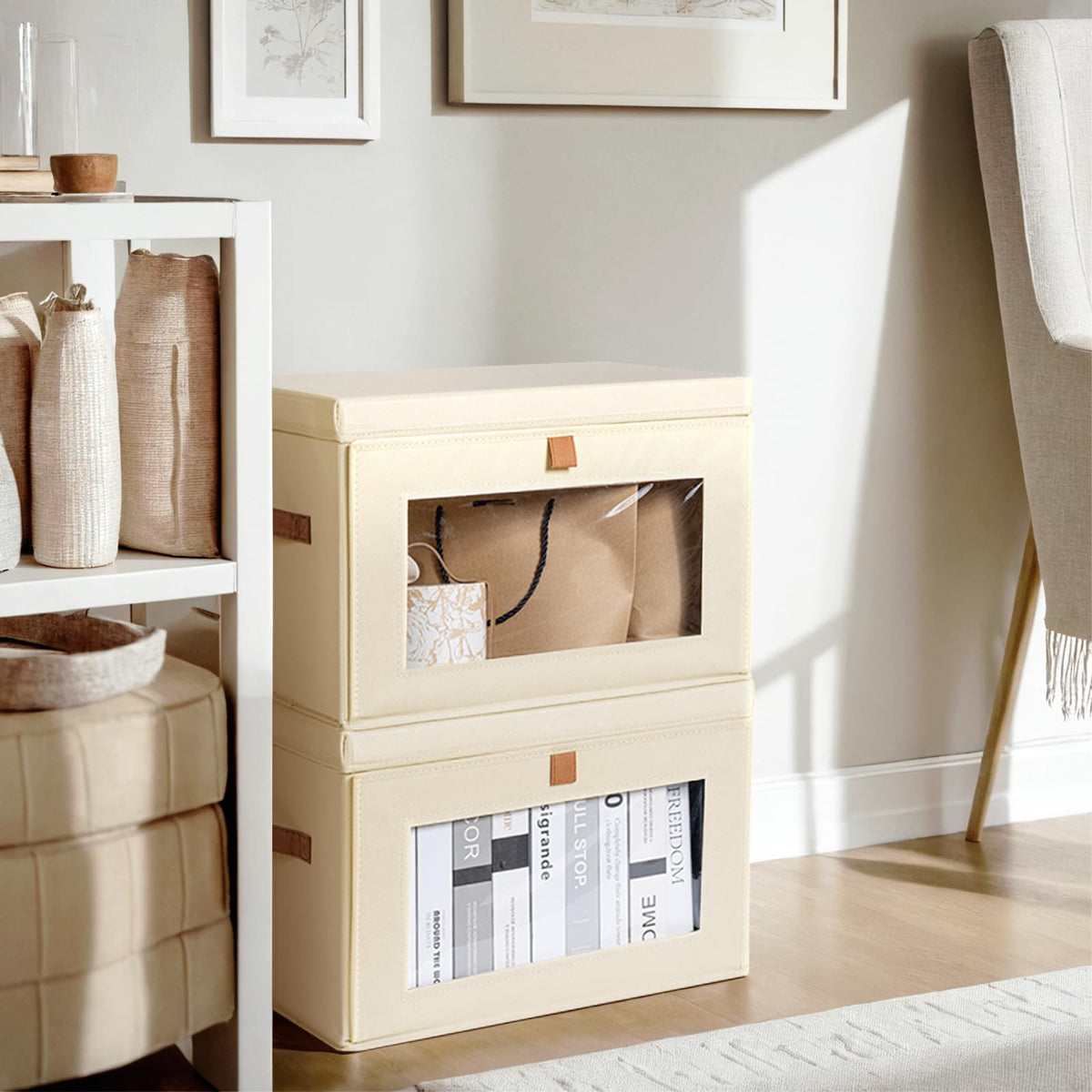 Homsorout beige storage bins suitable for dorms and living rooms.
