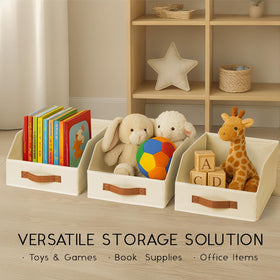 Homsorout fabric storage bins folded-flat when not in use.