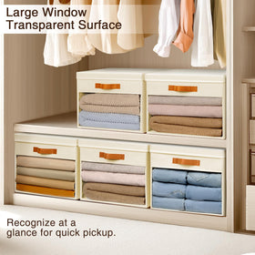 Homsorout beige bins with leather handles ease of transport.
