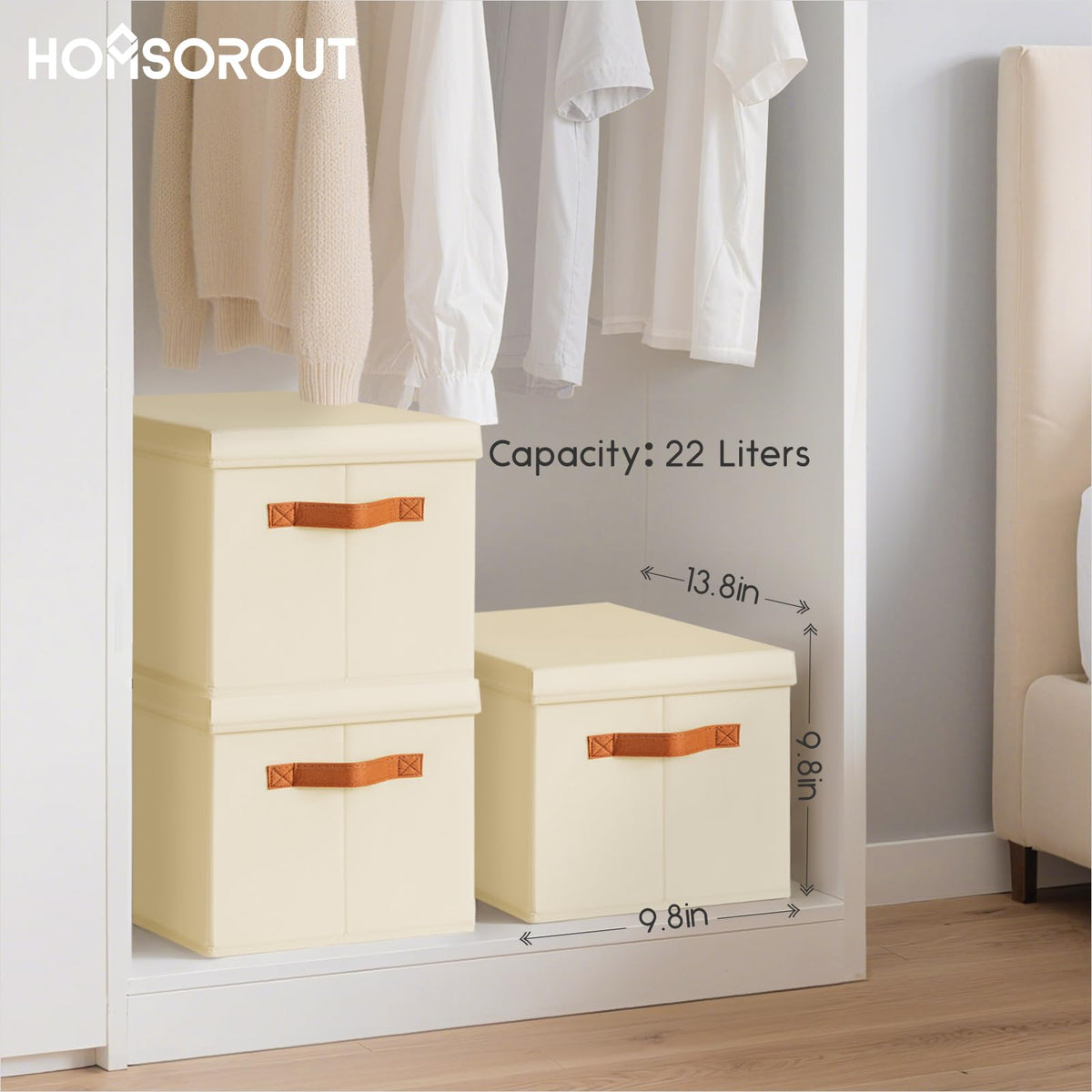 Homsorout bins organize clothes, towels, and books for daily life.