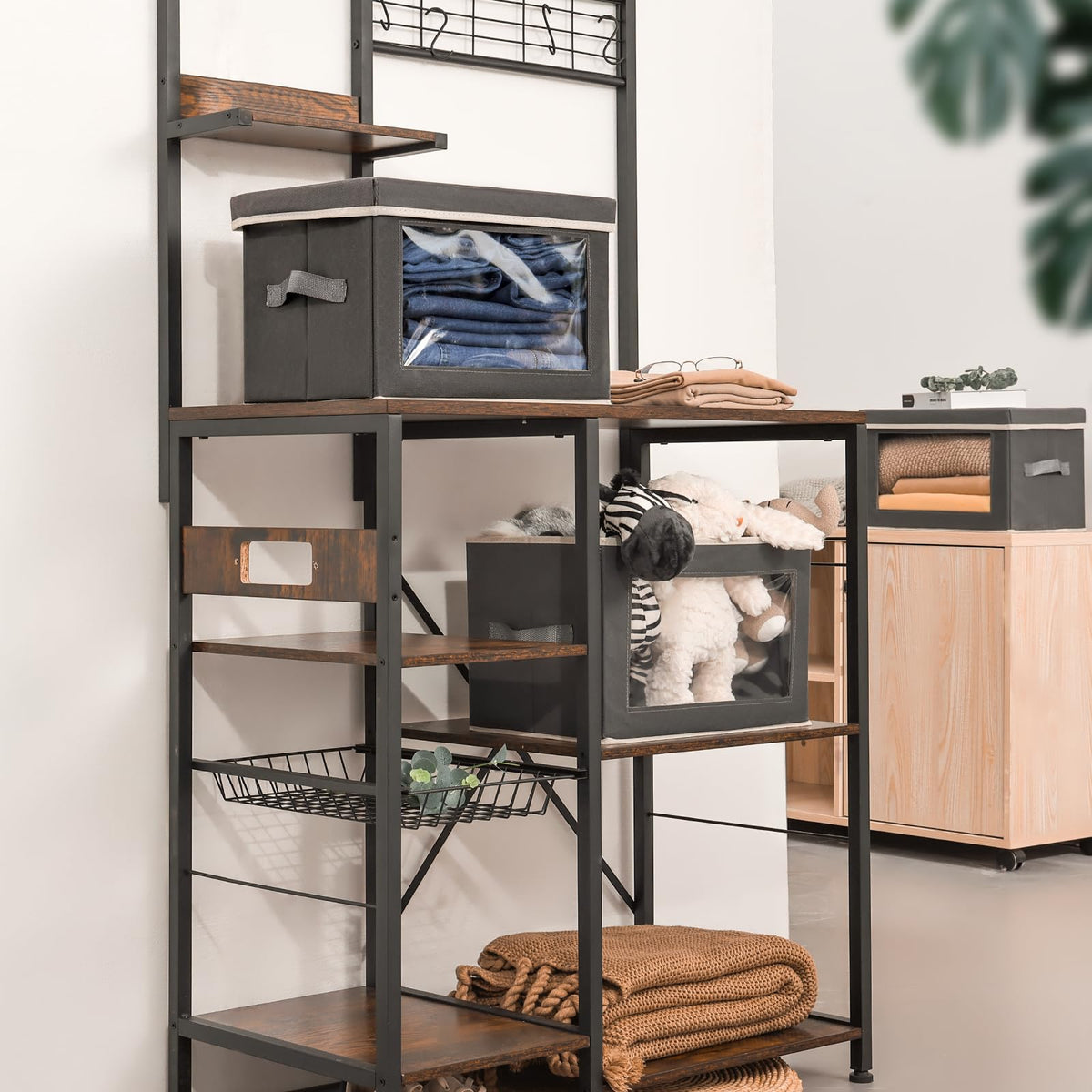 Homsorout storage bins feature sturdy handles for easy transport from high shelves.