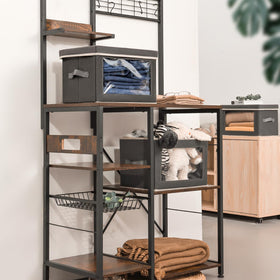 Homsorout storage bins feature sturdy handles for easy transport from high shelves.