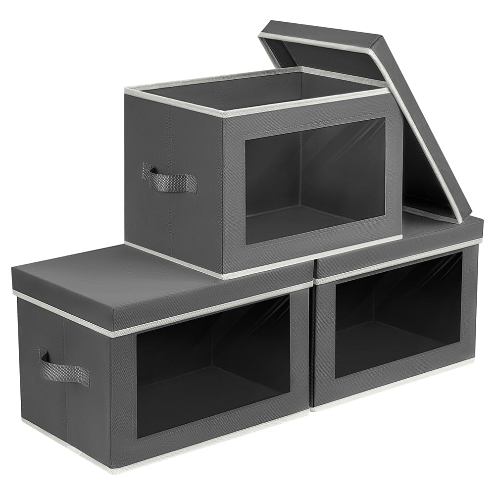 Homsorout storage bins with lids, front window; quick visibility of contents.