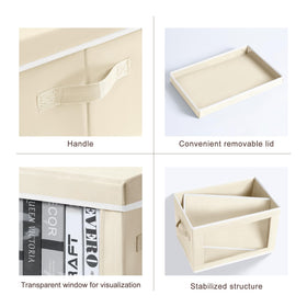 Homsorout beige storage bin on shelf for towels and clothes.