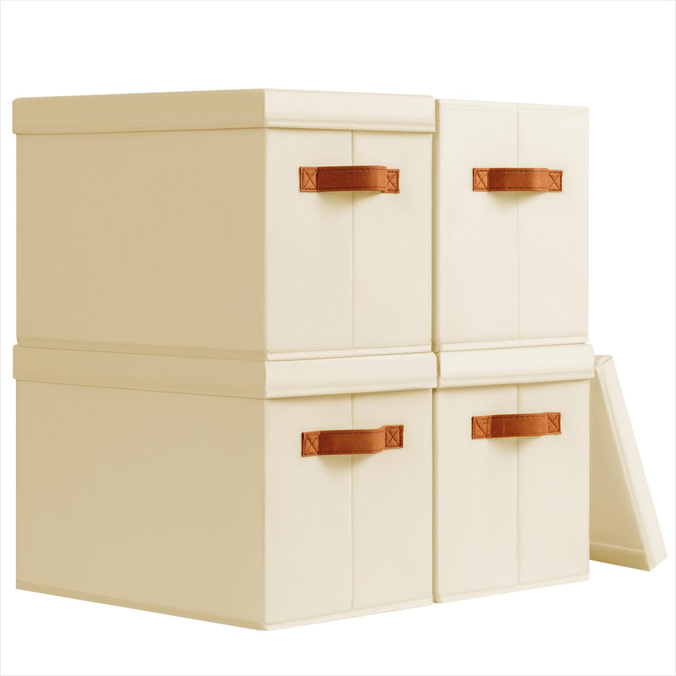 Homsorout storage bins with lids on shelf for clutter-free storage.
