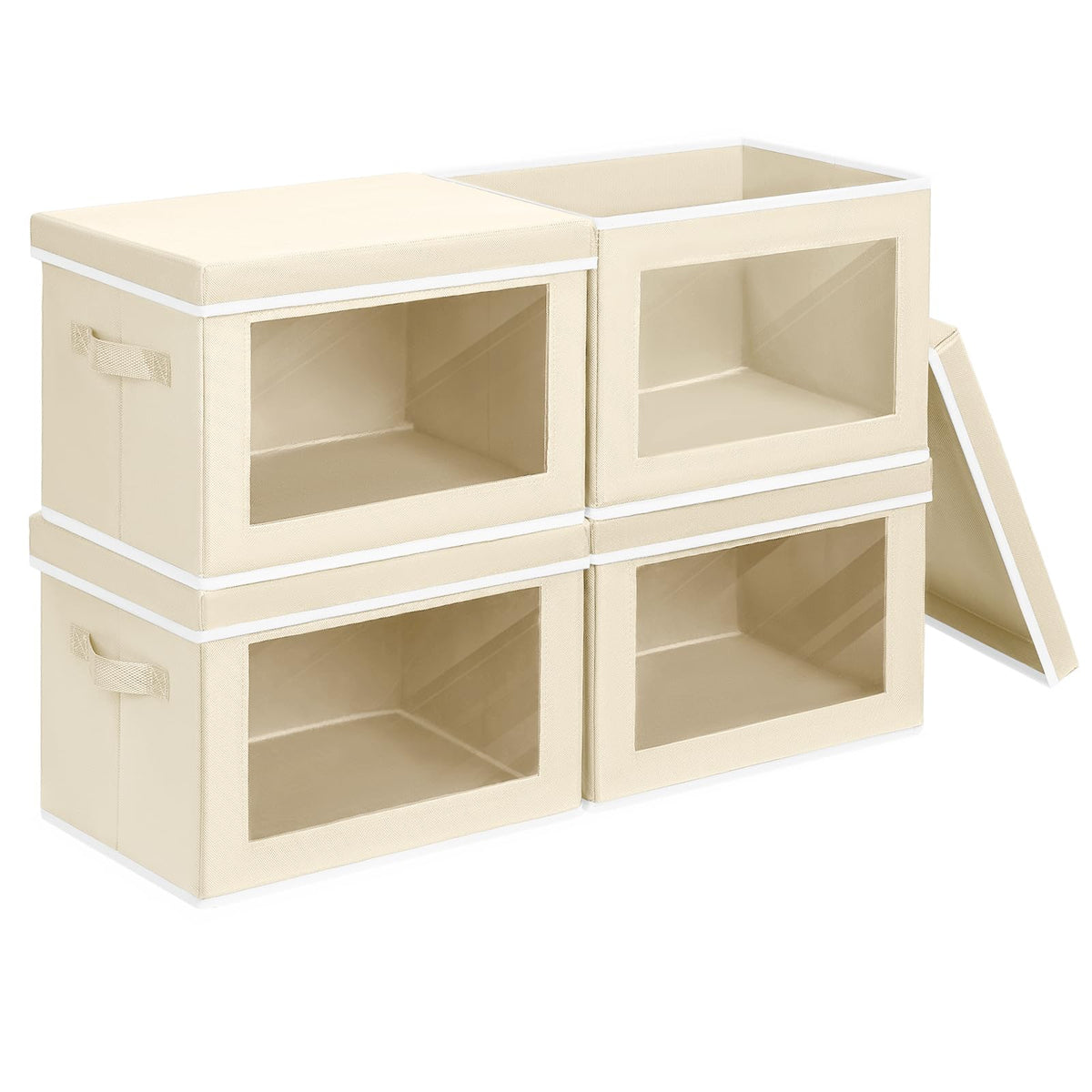 Homsorout storage bin with front window for quick content identification.