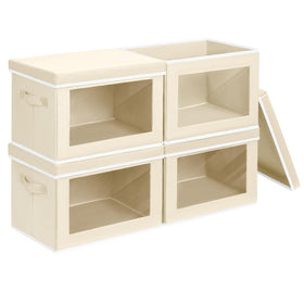 Homsorout storage bin with front window for quick content identification.