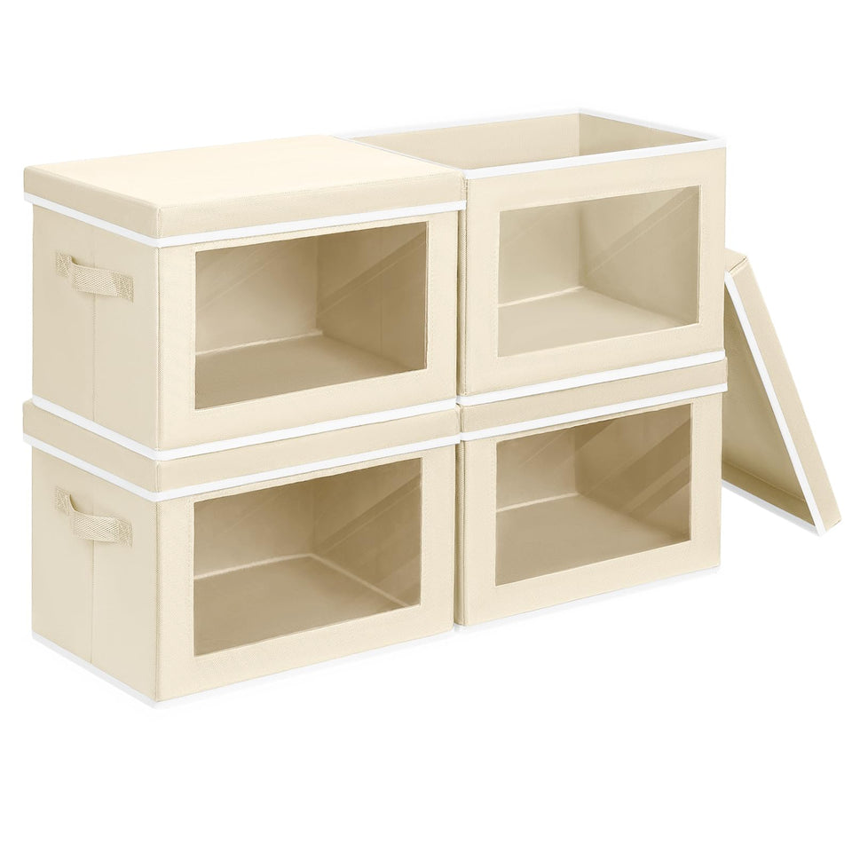 Homsorout storage bin with front window for quick content identification.
