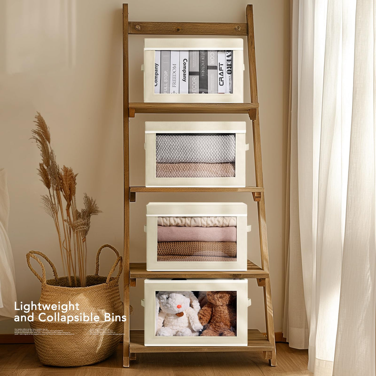 Homsorout storage bin in closet organizes clothes neatly.