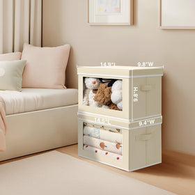 Homsorout storage bin on shelf in living room blends with decor.