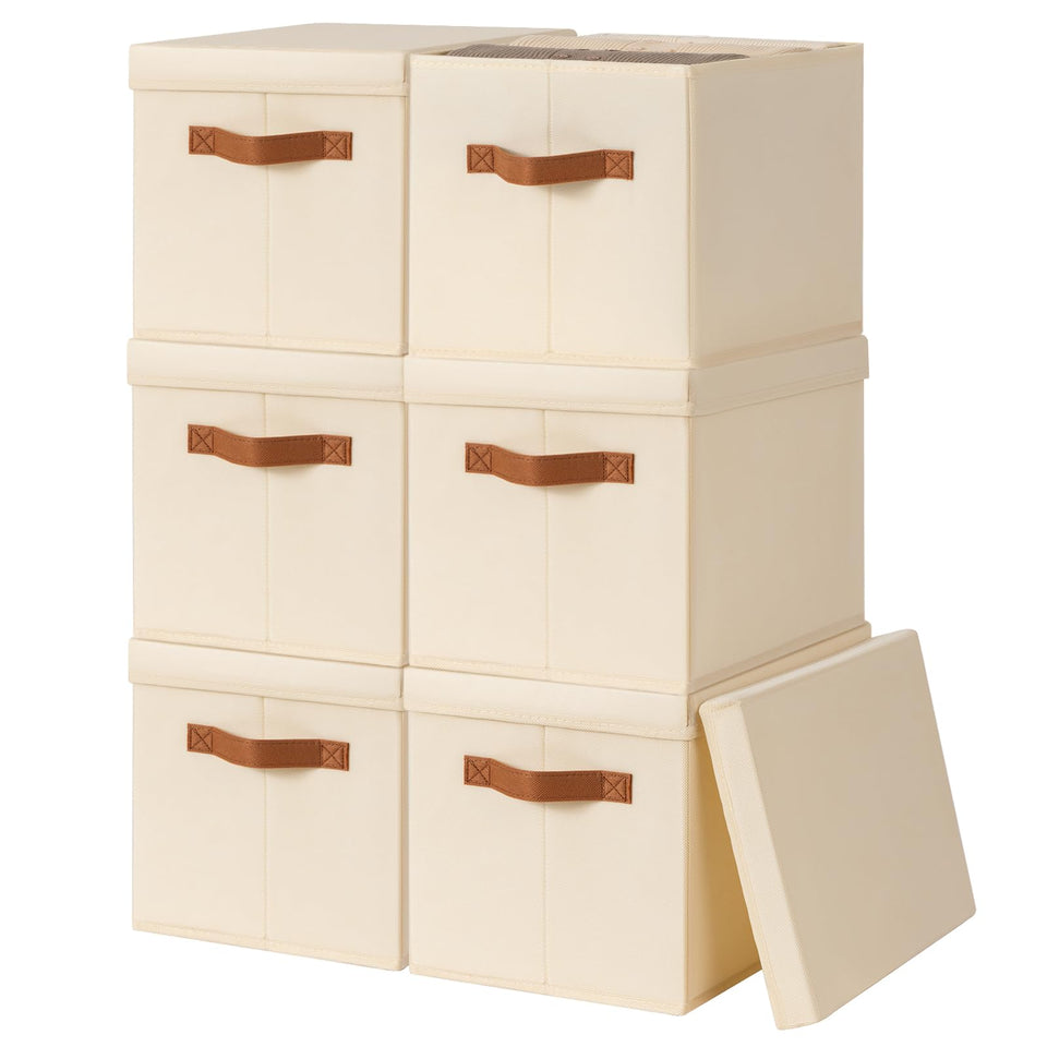 Homsorout storage bins with lids on a shelf keep items organized.