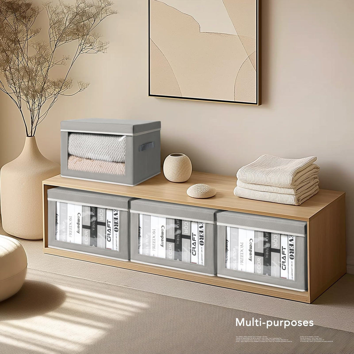 Homsorout storage bins with removable bottom board add stability.