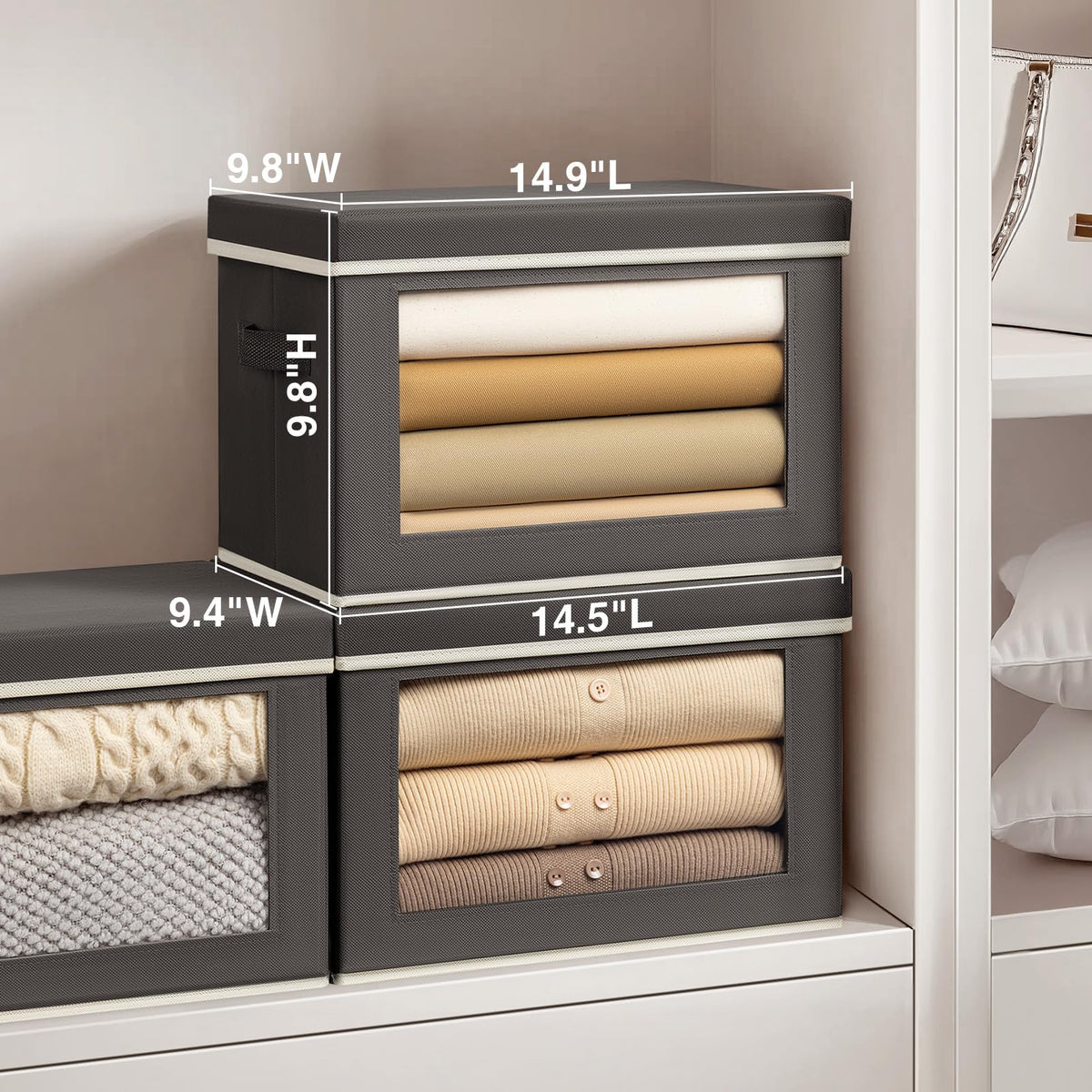 Homsorout storage bins with lids; collapsible and stackable design for space-saving organization.