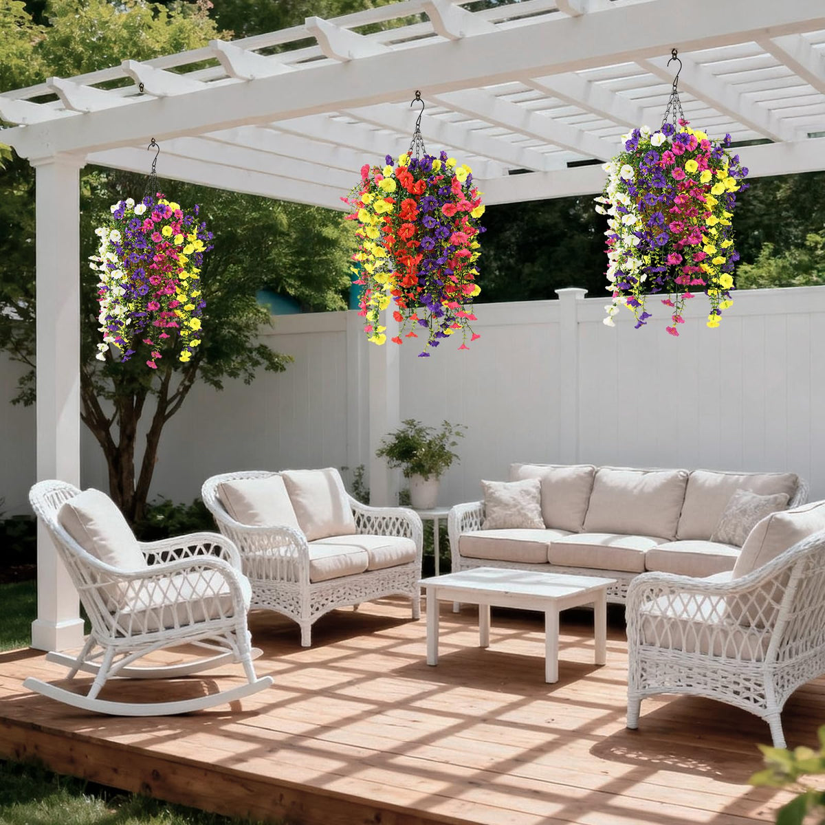 Homsunny 16x16x30-inch hanging basket provides a balanced display for entrances or patios