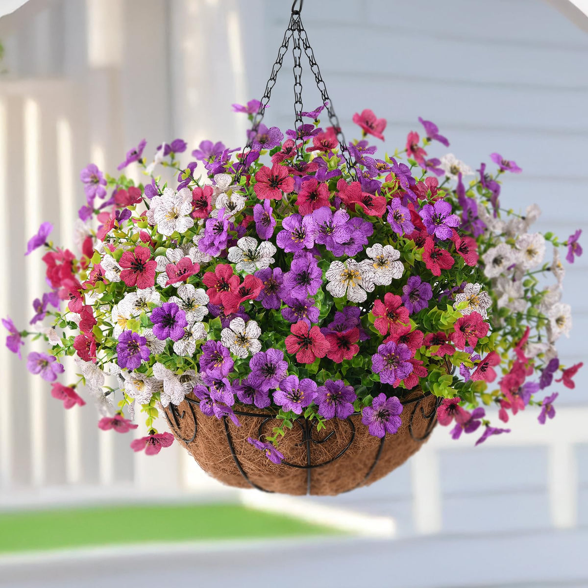 Homsunny artificial hanging daisy basket displays year-round color for outdoor spaces