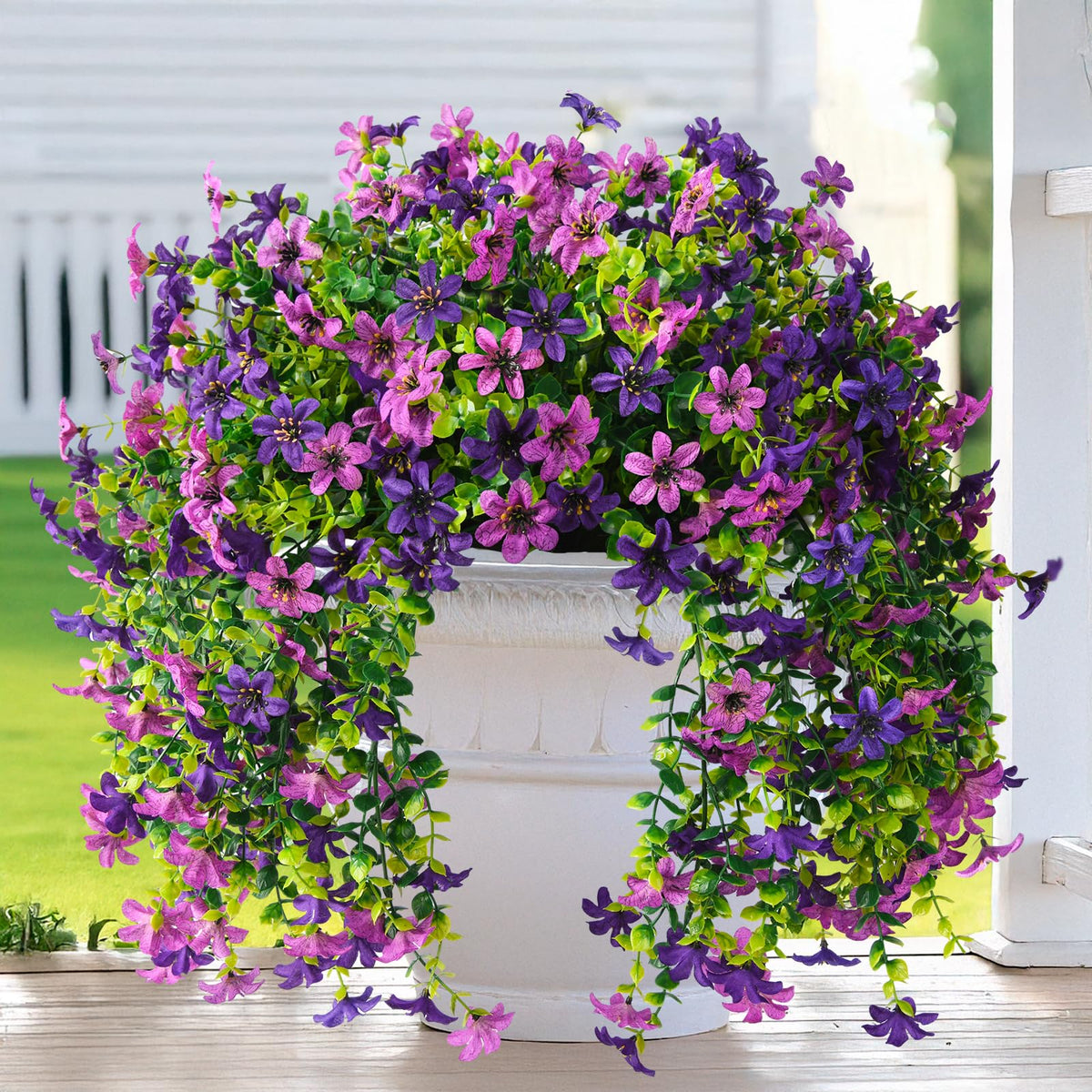 Homsunny artificial hanging flowers for porch; UV resistant and maintenance-free
