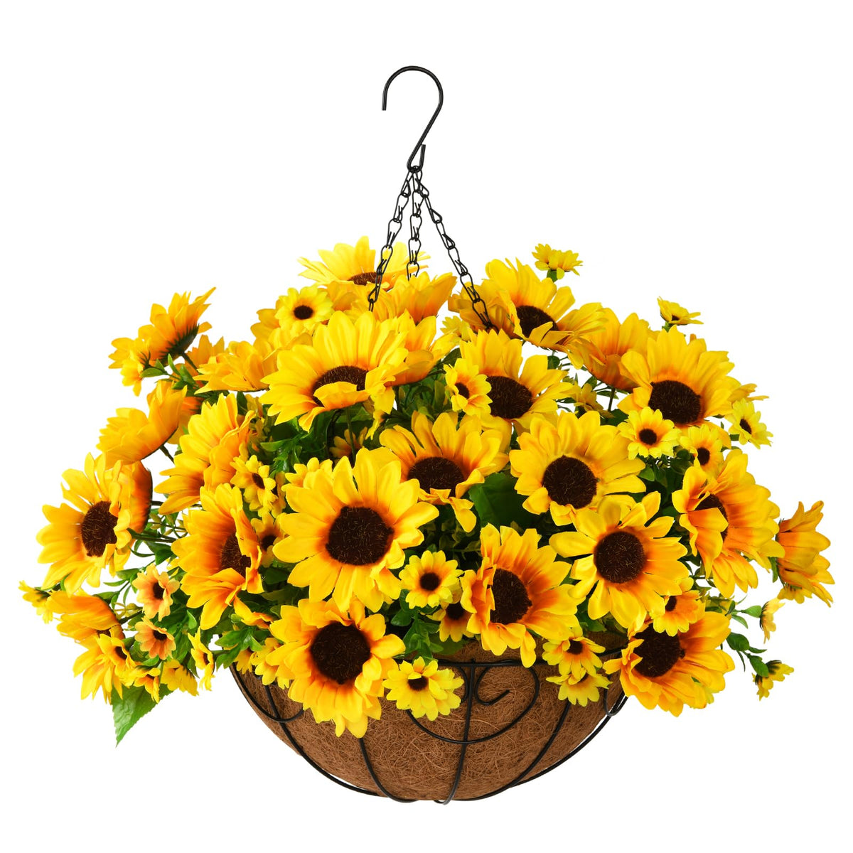 Homsunny artificial sunflowers hanging basket adds porch charm.