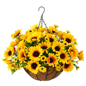 Homsunny artificial sunflowers hanging basket adds porch charm.