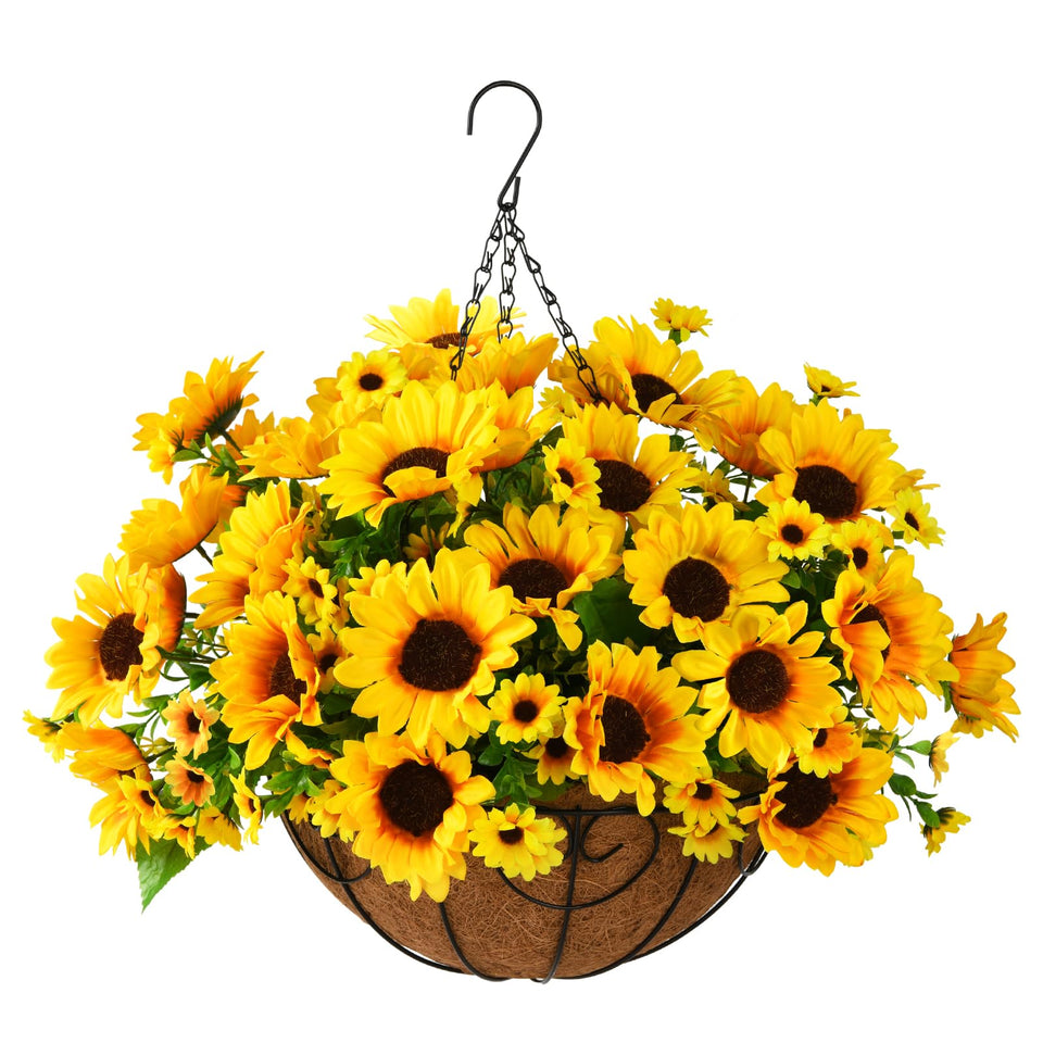 Homsunny artificial sunflowers hanging basket adds porch charm.