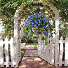 Homsunny blue silk petunia vines in coconut-lined basket on balcony