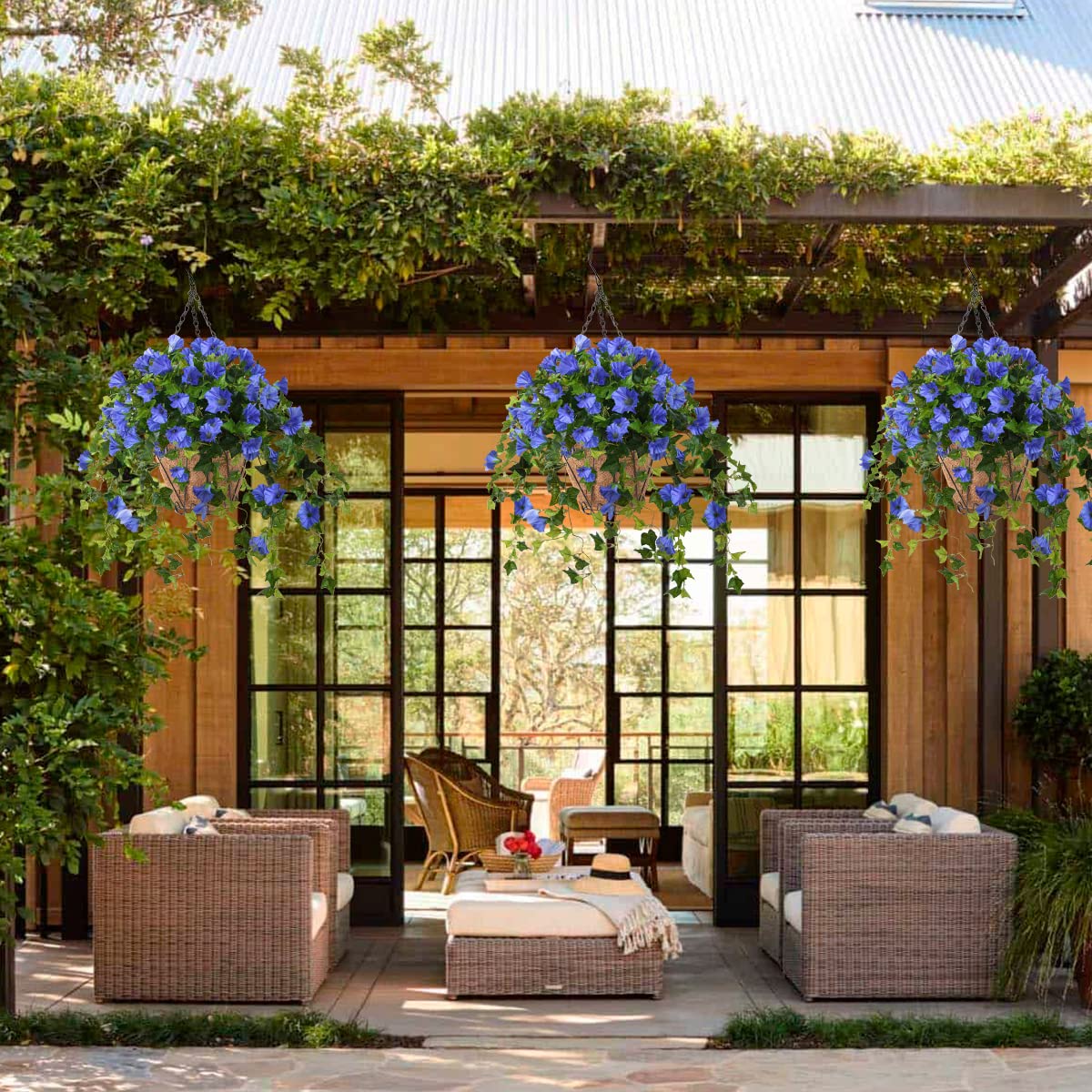 Homsunny UV-resistant blue petunia hanging planter in outdoor space