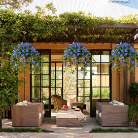 Homsunny UV-resistant blue petunia hanging planter in outdoor space