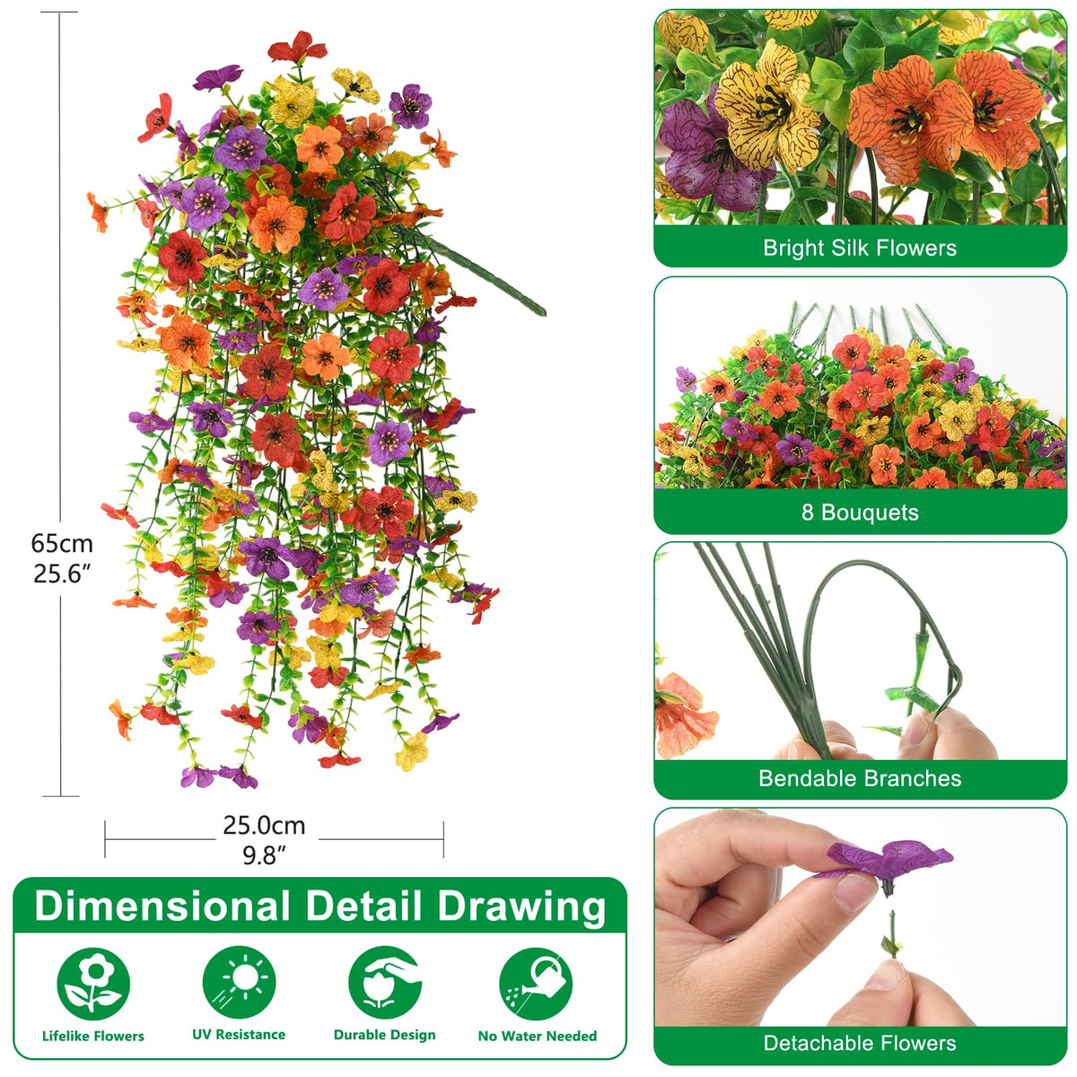 Homsunny silk daisies hanging with eucalyptus, UV resistant for patio use.