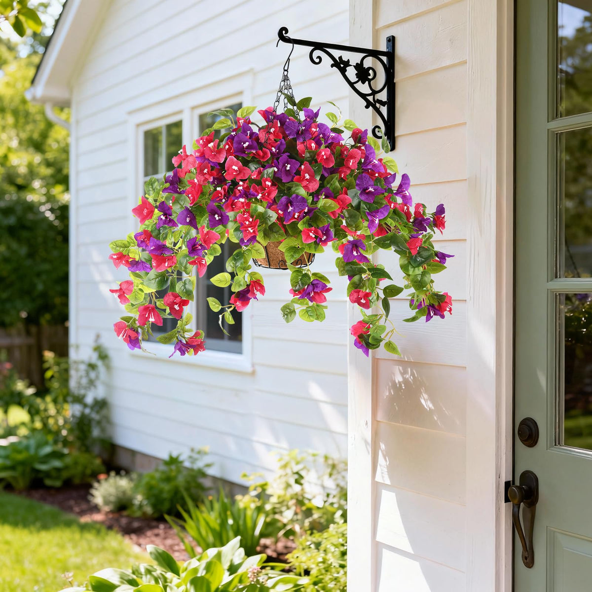 Homsunny hanging basket chain and flowers for porch display.