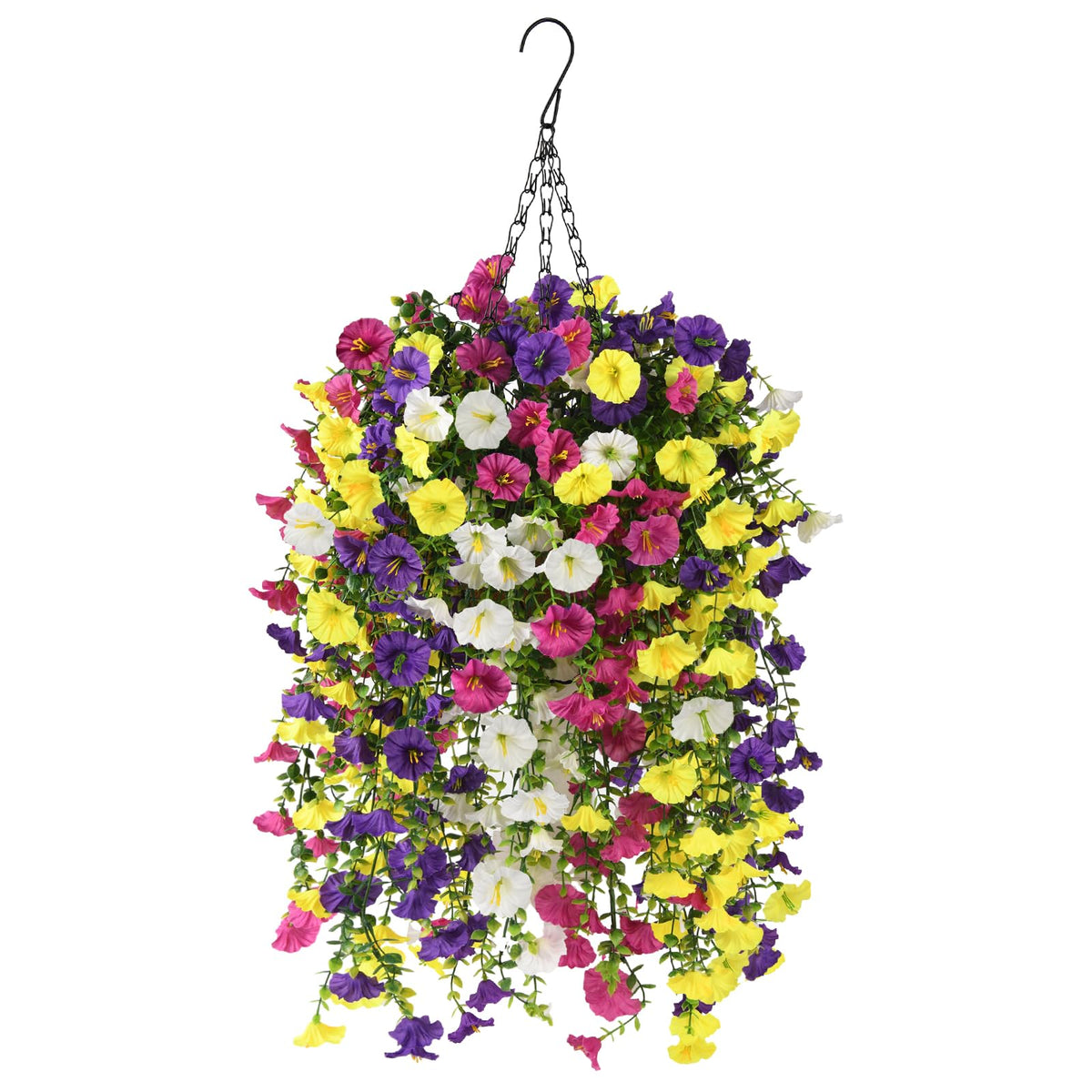 Homsunny morning glory hanging basket with vibrant silk flowers for outdoor decor.