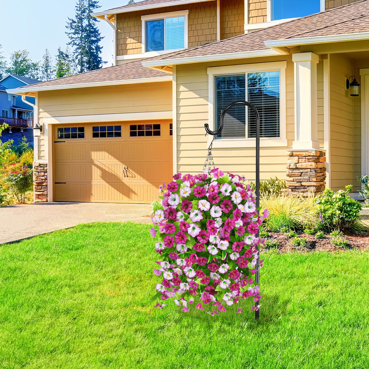 Homsunny silk petunias and eucalyptus leaves for a realistic outdoor look.