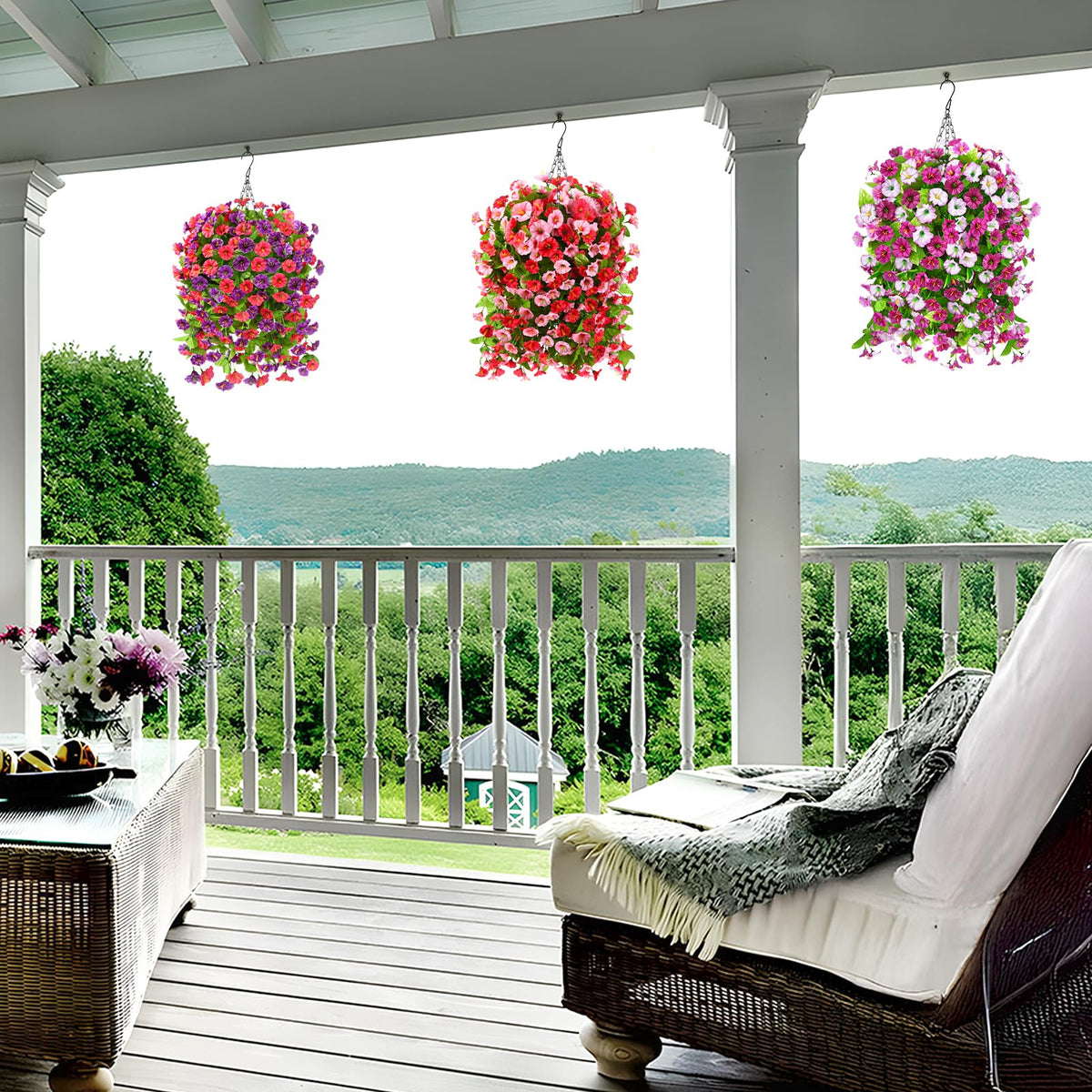 Homsunny UV-resistant faux flowers in porch setup for year-round color