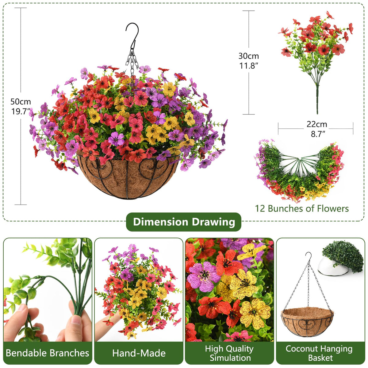 Homsunny UV-resistant hanging flowers outdoor displays maintain color in sun and rain.