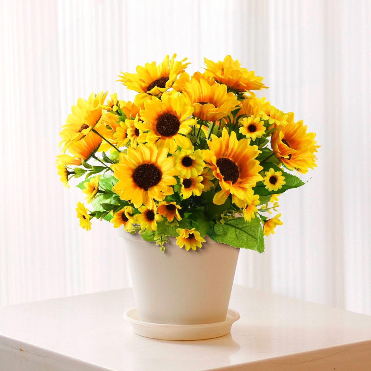 Homsunny silk sunflowers in basket create year-round focal point.