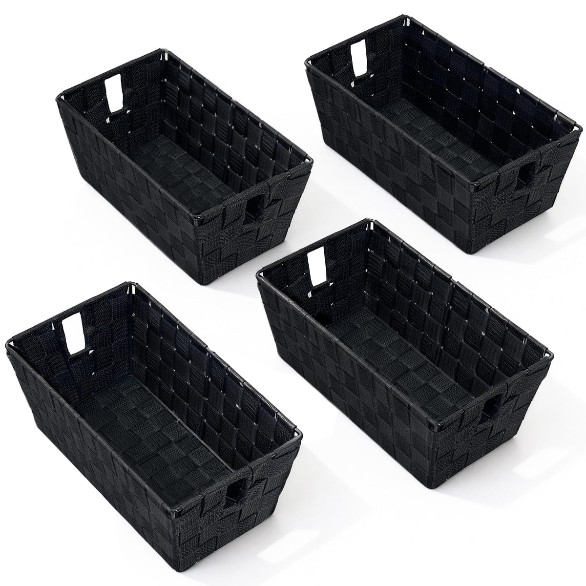 Homyfort black woven storage basket on shelf keeps small items neatly organized