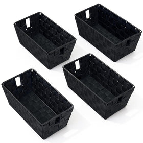 Homyfort black woven storage basket on shelf keeps small items neatly organized