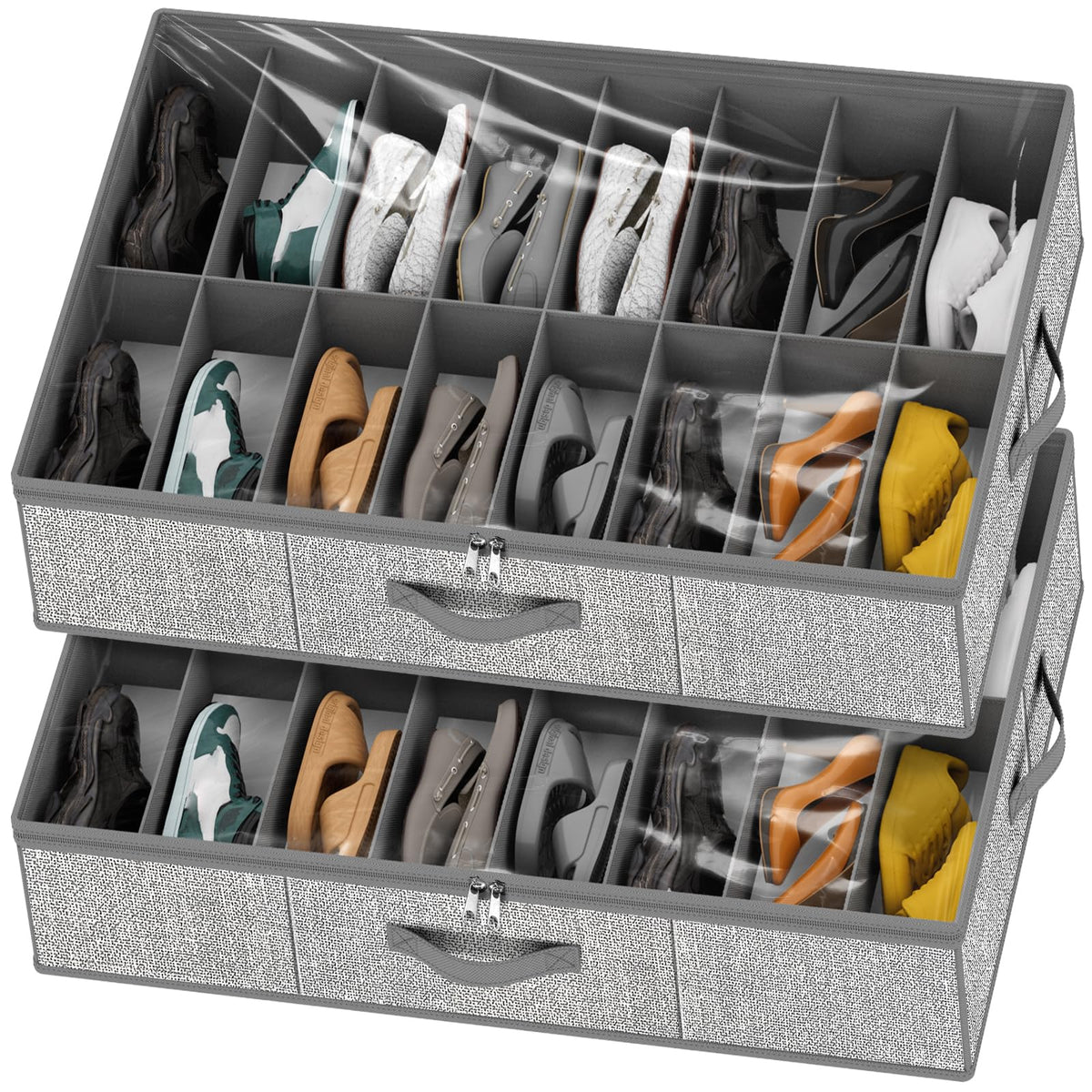Homyfort under-bed shoe organizer offers 32-pair capacity with a clear top window.