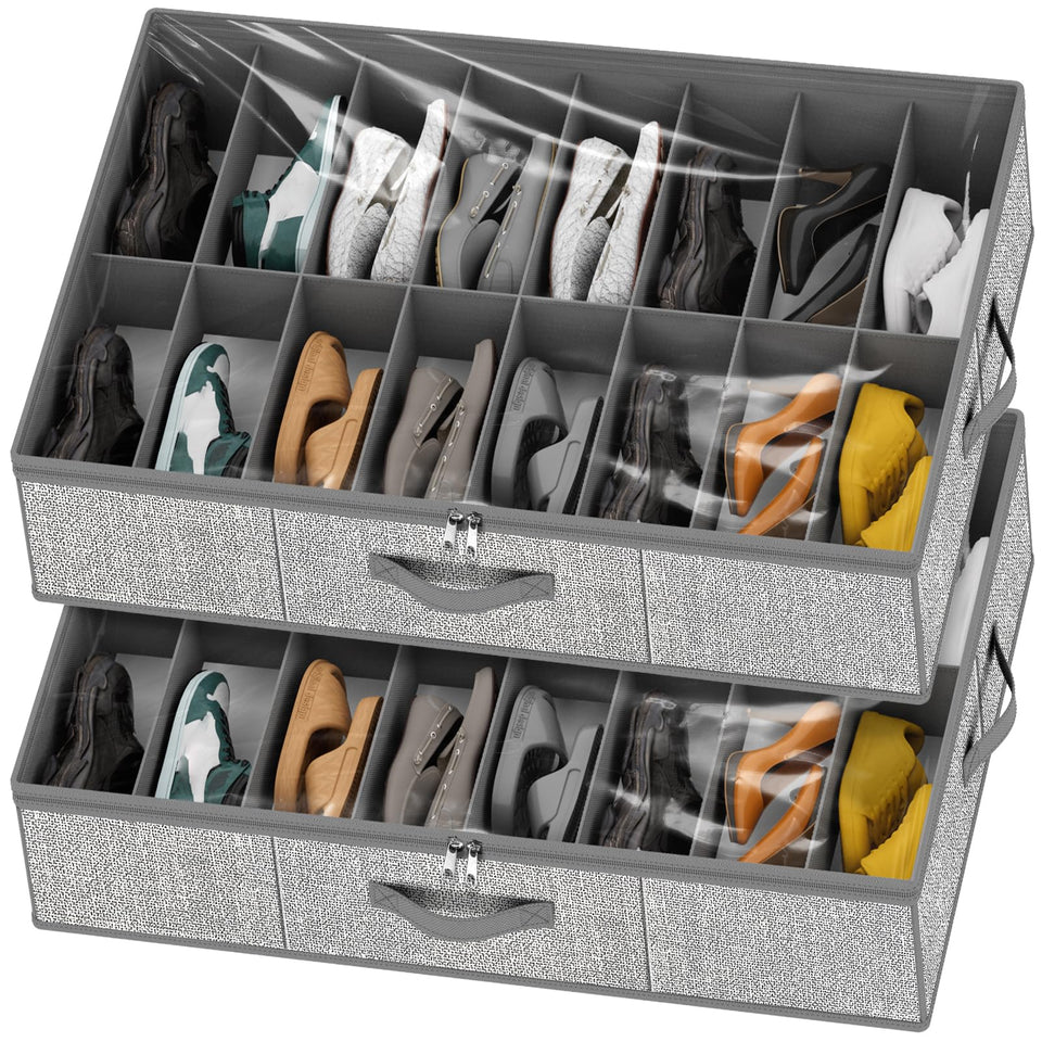Homyfort under-bed shoe organizer offers 32-pair capacity with a clear top window.