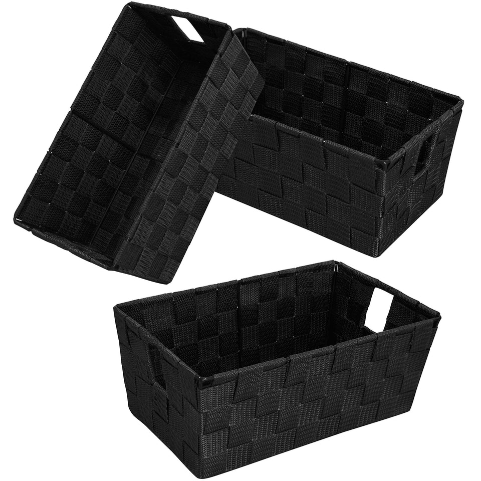 Homyfort woven black storage baskets on a shelf for quick organization