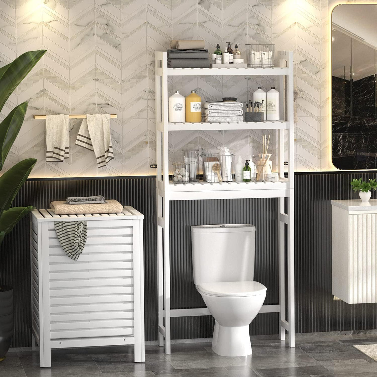 Homykic bamboo bathroom organizer adds natural warmth to decor.