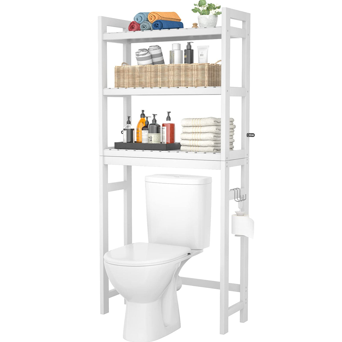 Homykic over-the-toilet storage with bamboo rack for clutter-free bathroom organization.