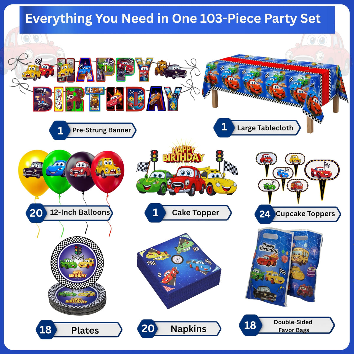 HOMYPOWER Cars balloons add color and energy to the party room.