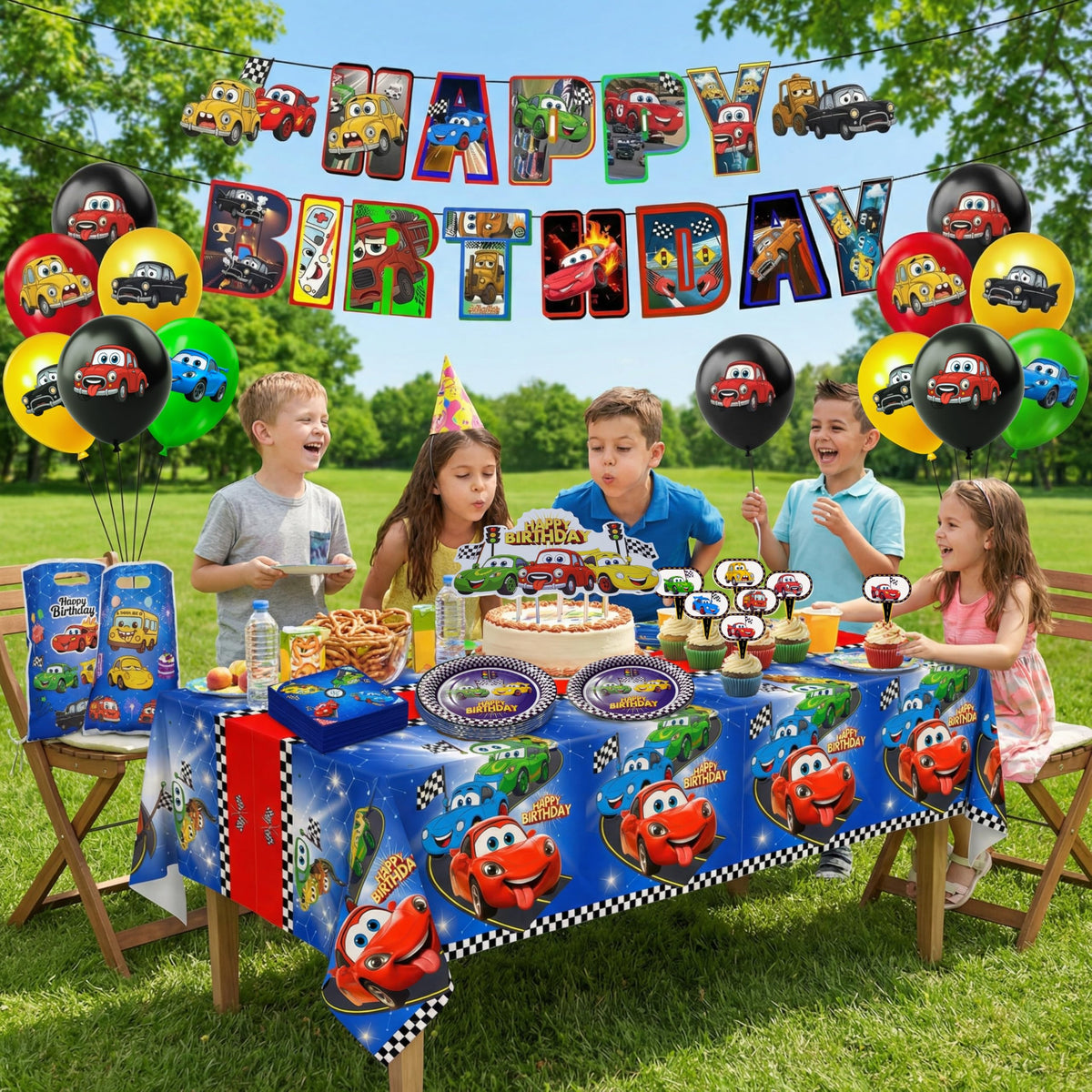 HOMYPOWER Cars cake topper anchors the cake centerpiece with a race-day vibe.