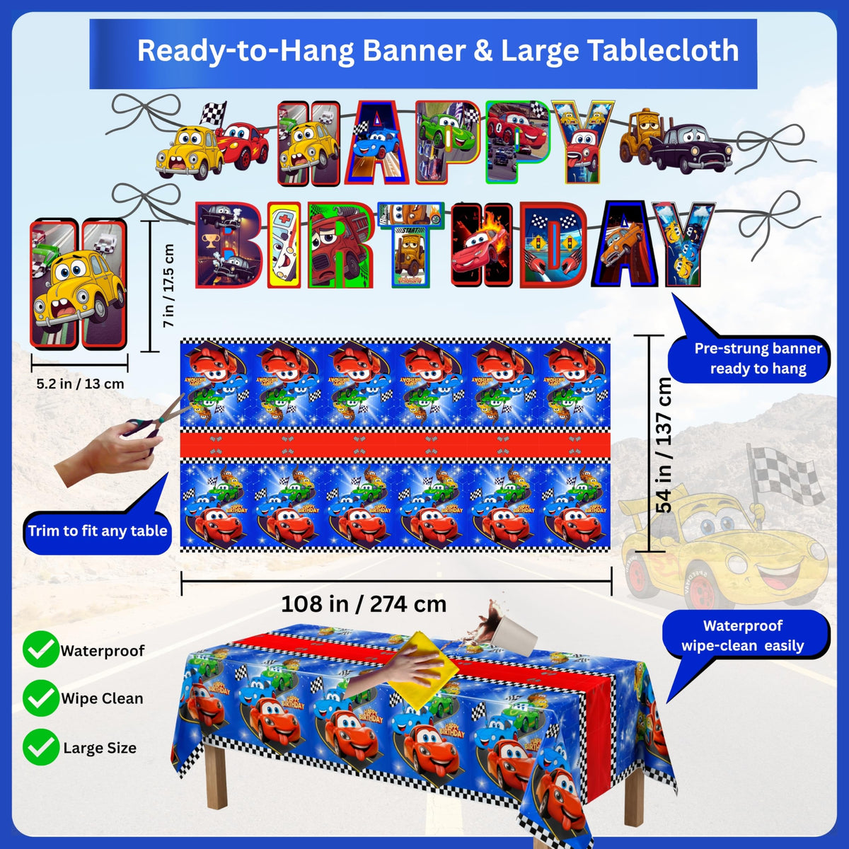 HOMYPOWER Cars tablecloth protects surfaces and enhances the table look.