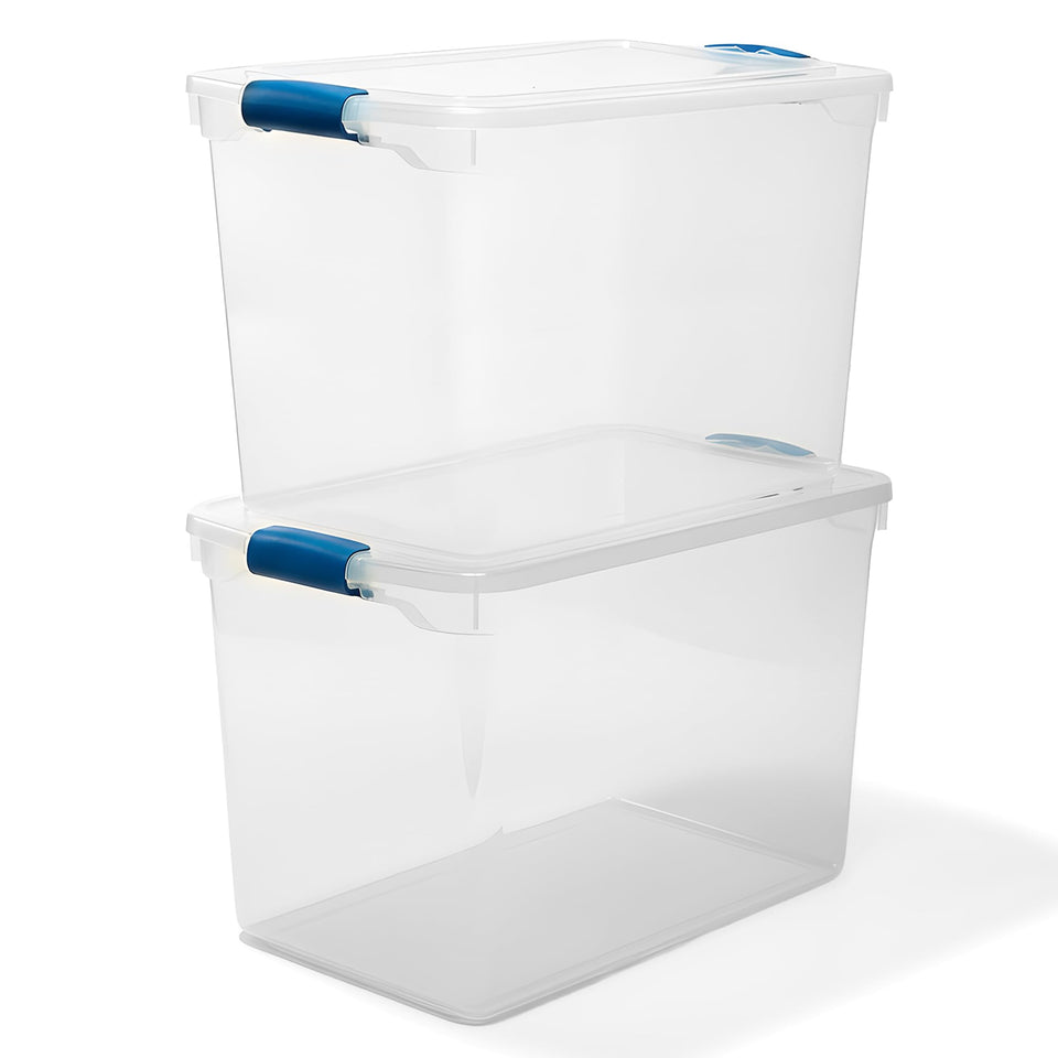 HOMZ 112-quart bin with blue latch, front view, secure storage.